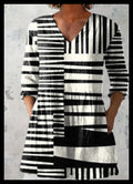 Vestido de Mujer con Rayas Mixtas y Diseño de Parches, Cuello en V, Manga 3/4, Vestido Holgado Tipo Túnica, Estampado Geométrico en Blanco y Negro (Copia)